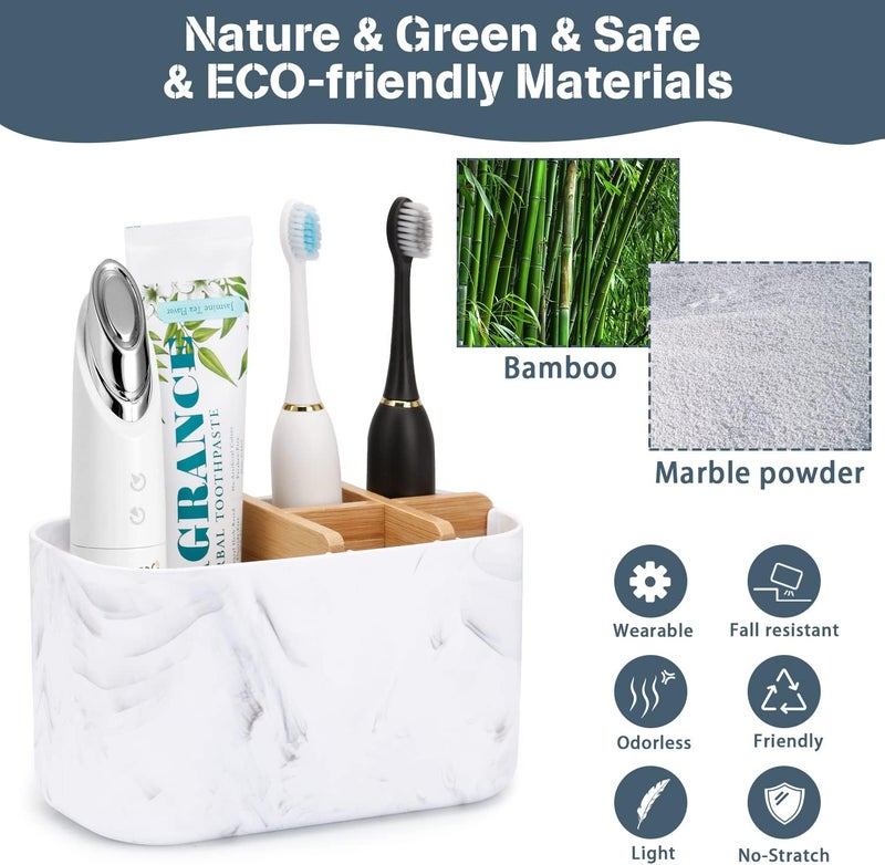 GFWARE Toothbrush Holders for Bathrooms, 5 Slots Bamboo Toothbrush Holder Kids Electric Toothbrush Holder and Toothpaste Holder for Bathroom Countertop Accessories Storage, Marble Toothbrush Organizer - Image 3